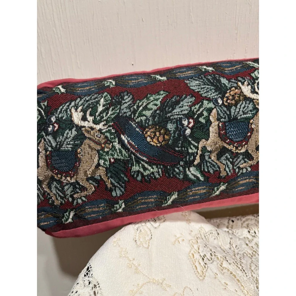 Vintage Woodland Tapestry Bolster Pillow Stag Reindeer Pinecone Burgundy 31 Inch